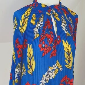 Belle Vere Pleaded Longsleeve Royal Blue Multicolor Floral Blouse, Size M/L